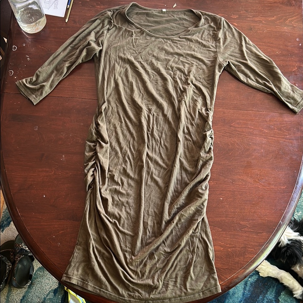 Long sleeve knee length maternity dress olive green